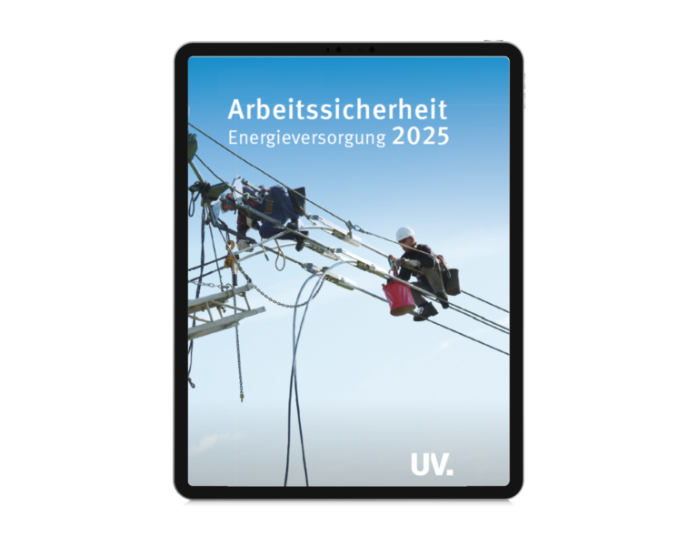 Ein Tablet zeigt das Cover einer Publikation mit dem Titel „Arbeitssicherheit Energiesorgung 2025“. Auf dem Cover ist ein Bild von zwei Personen, die an Stromleitungen arbeiten. Der Hintergrund ist blau mit einem klaren Himmel.